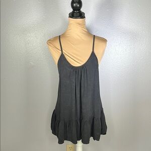 Gray washed ruffled hem flowy lace up back babydoll spaghetti strap tunic XS